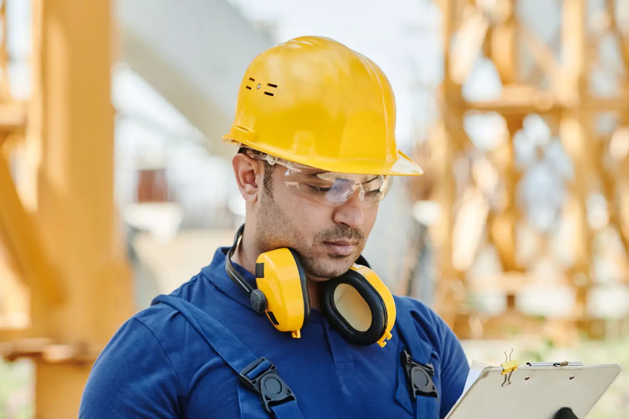 Construction engineer reviewing a job-site checklist
